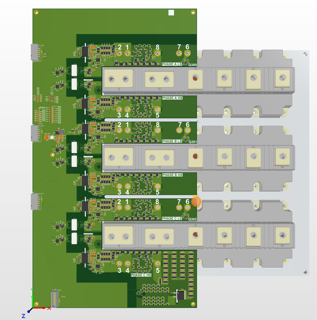 Gate-drive printed circuit board assembly with three phase sections and power modules